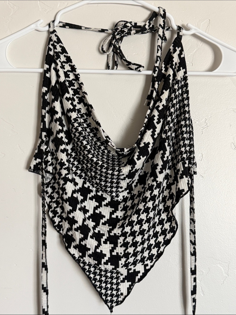Cotton Candy Black & White Houndstooth Draped Halter Crop Top Open Back
